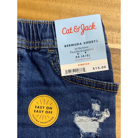 Cat & Jack Boys Blue Denim Distressed Flexible Drawstring Bermuda Shorts Size XS - Picture 3 of 10